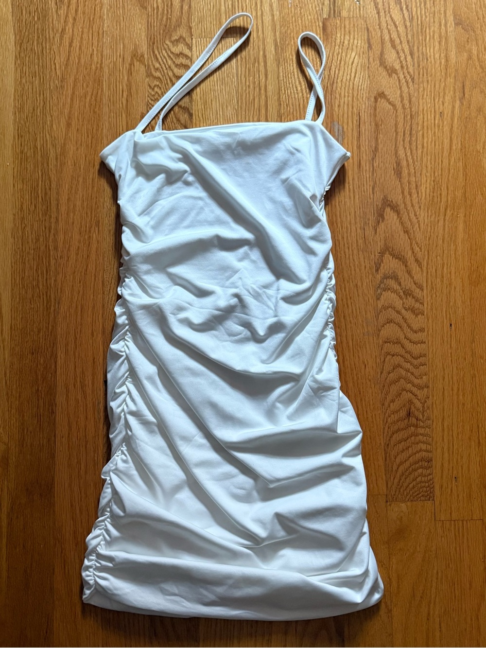 White Ruched Spaghetti Strap Mini Dress